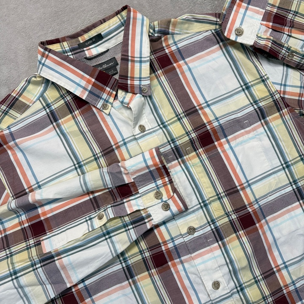 Eddie Bauer Shirt Men Large Classic Fit Plaid Button Down Multi Color Mesh Lined